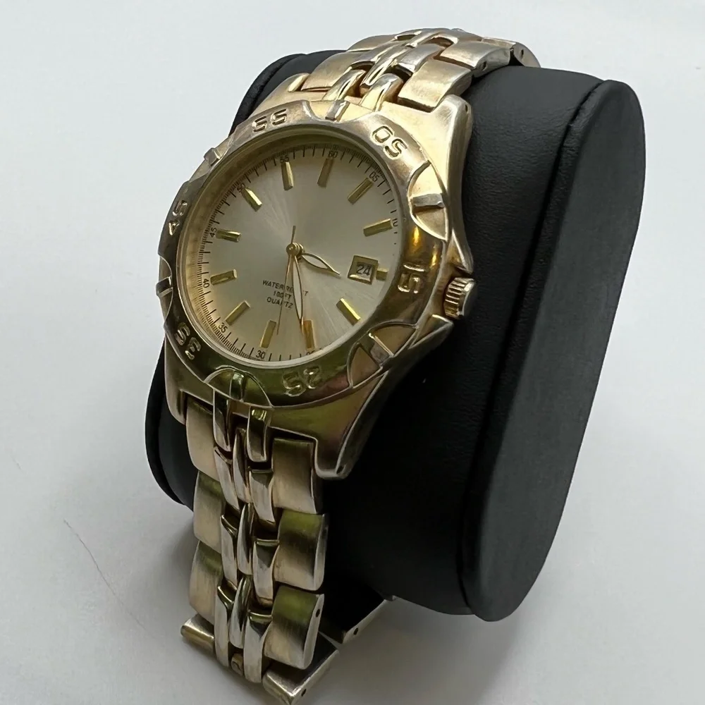 Water Resistant Mens Watch Two Tone Metal Link Bracelet Watch Working